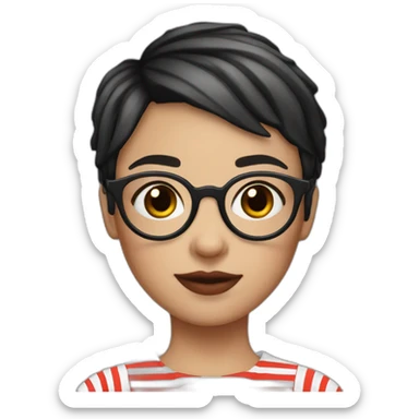 black red short hair girl circle glasses, white stripped shirt sticker