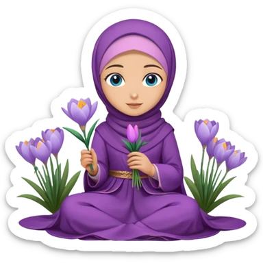 Turkish beautiful finish Konya girl blue eyes with crocus flower hijab long tail dress on the floor and hold crocus flower on hand  sticker