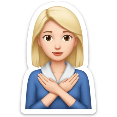 Woman putting both hands around her neck sticker