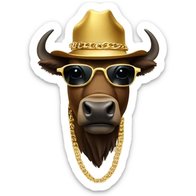 Bison wearing cowboy hat, gold sunglasses, and a gold chain sticker