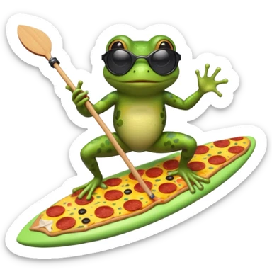 Frog riding surfboard with sunglasses while eating a pepperoni pizza and holding a leash attached to a fish sticker