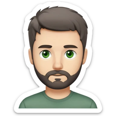 white man with dark messy short hair, dark green eyes, gray t-shirt, and short beard sticker
