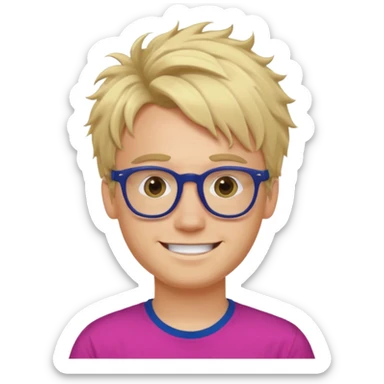 A blond guy with messy hair is smiling. He wear black and dark blue glasses and a fushia T-shirt.  sticker