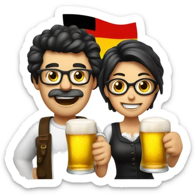 Dark hair man and woman with glasses going crazy . Beer in hand and German flag  sticker
