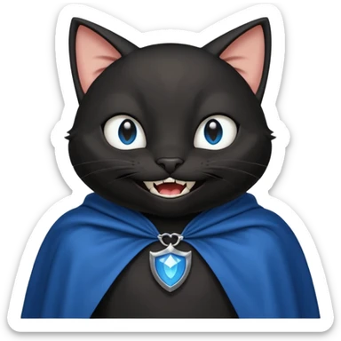 an all black anthropomorphic cat with blue eyes wears an all black cape and is smiling a mischievous sharp tooth grin sticker
