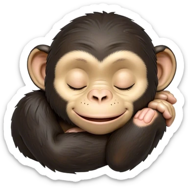 Meme-Worthy cute Sleeping Chimpanzee Portrait Emoji, Head resting peacefully with a contented smile, showcasing a soft, relaxed expression and gently closed eyes in serene slumber, Simplified yet hilariously adorable features, highly detailed, glowing with a soft, drowsy glow, high shine, relaxed and utterly lovable, stylized with an air of playful laziness, bright and heartwarming, soft glowing outline, capturing the essence of a sleeping chimpanzee that feels destined to become the next viral sensation of adorable rest! sticker