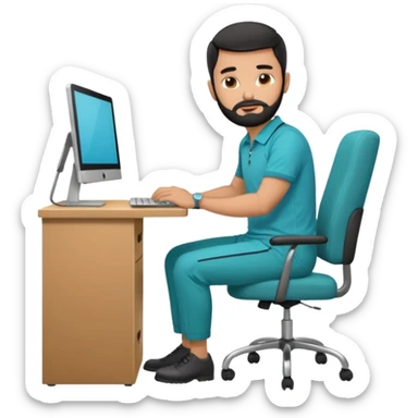 man with black short male hair and black hair and beard and hes in a office with his grey backpack on the floor and he has a tourquose polo shrit with gre dress pants and hes working at a hotel  hes on the co,ptuer  at his desk and he inly has one backpack its on the floo sticker