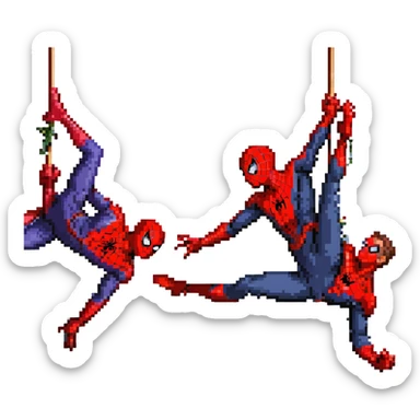 pixel art of three Spider-Mans in action swinging and fighting together, Tobey Maguire in red-blue suit web-shooting, Andrew Garfield in red-blue suit acrobatic pose, Tom Holland in red-black suit swinging, dynamic poses with webs sticker