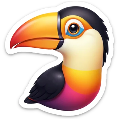 Cinematic Cute Toucan Portrait Emoji, Head tilted playfully and inquisitively, with a delightfully vibrant beak and round, sparkling eyes filled with tropical charm, Simplified yet irresistibly adorable features, highly detailed, glowing with a warm, inviting tropical glow, high shine, affectionate and lively, stylized with a touch of whimsical exotic flair, soft glowing outline, capturing the essence of a mischievous yet loving toucan that seems as if it could flutter out of the screen into your arms! sticker