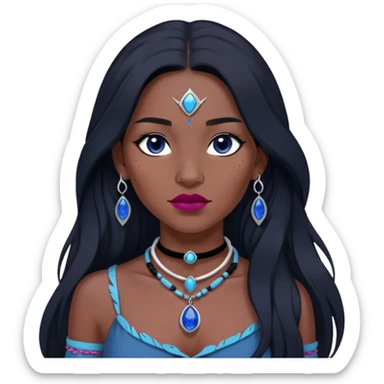 woman katara native american dark skin freckles dark black long hair reddish pink lipstick choker necklace with sapphire pendant sticker