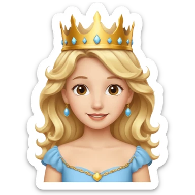 Cheerful blonde princess with wavy hair and light blue dress, wearing crown sticker