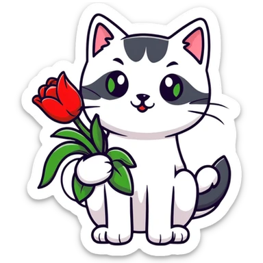 tricolor fluffy cat with big green eyes holding red tulips in her arms sticker