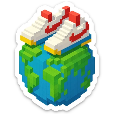 isometric view of Earth globe with a pair of Nike Cortez sneakers walking on top, voxel style sticker