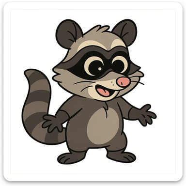 cute cartoon possum dressed up like a raccoon, flat toon style sticker