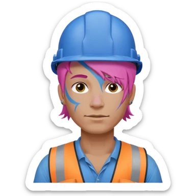 construction worker man pink hair, blue helmet and face tattoo sticker