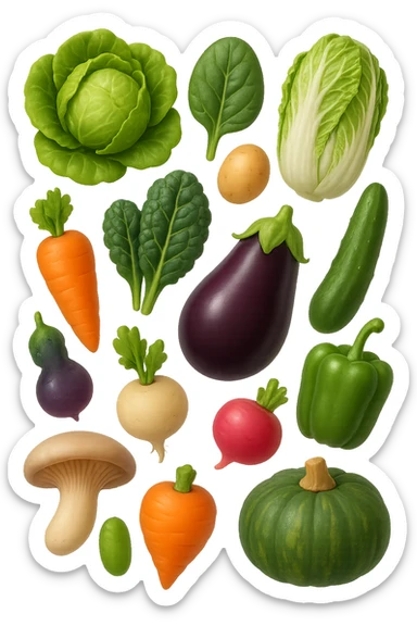 emoji stile iphone 3d di Lattuga, spinaci, cavolo cinese, cavolo nero
Patate, carote, rape, ravanelli
Melanzane, cetrioli, peperoni verdi
Funghi ostrica
Zucca kabocha
 che fluttuano in aria, iperealistico 4k sticker