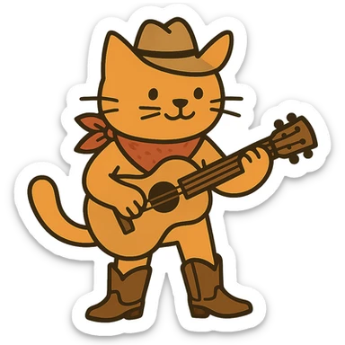 flat toon orange cowboy cat strumming an acoustic guitar, wearing cowboy boots and a bandana sticker