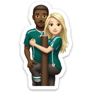 Brunette white female with brown eyes and blonde white male who are both eagles fan climbing up a pole sticker