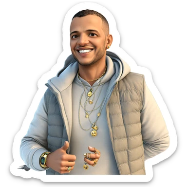 smiling man outdoors with jewelry sticker