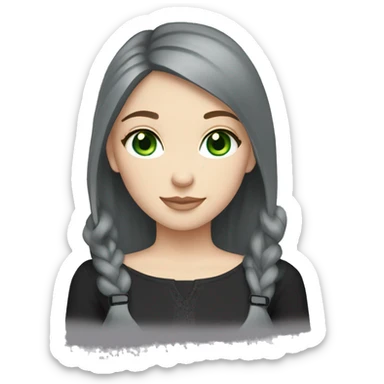girl with brown hair and blue eyes wearing black and holding grey fat Russian blue cat with green eyes  sticker