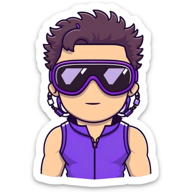 close-up of male athlete with white skin and moderately curly dark brown hair on top with shaved sides, wearing ski goggles with purple frames and very dark black lenses, a simple plain black chain necklace, and a completely unzipped sleeveless vest with purple and black sequin fire pattern design with no logo, with an arrogant smug smirk on his face, looking confident and cocky sticker