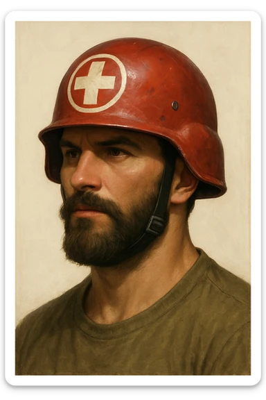 bearded man, red medic helmet, semi-realistic, strong jawline, white cross emblem, clean background sticker