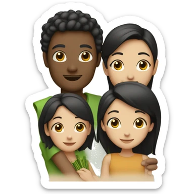 With white skin and black hair and happy face, three people: mom, dad, daughter holding bamboo sticker