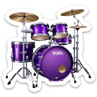  "Create a vibrant and detailed emoji representing Lars Ulrich's Tama Starclassic drum kit. The design should feature a sleek, glossy purple drum kit with glittering accents, including two large bass drums positioned side by side. The snare drum, toms, and cymbals should be clearly visible, with a high-shine finish that reflects the light. Add subtle musical notes around the kit to evoke rhythm and energy. Use a color palette of deep purple, black, silver, and sparkling accents to emphasize the unique look of this iconic setup. The background should be transparent. sticker