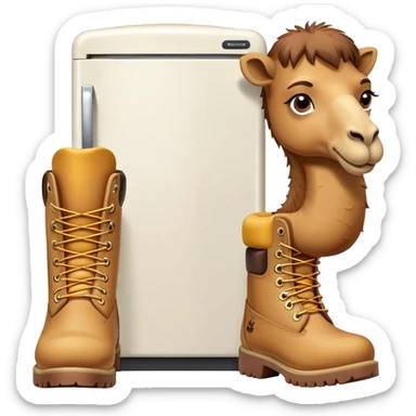 A camel face with long eyelashes on top of a boxy white refrigerator body, with four yellow-brown Timberland boots at the bottom sticker