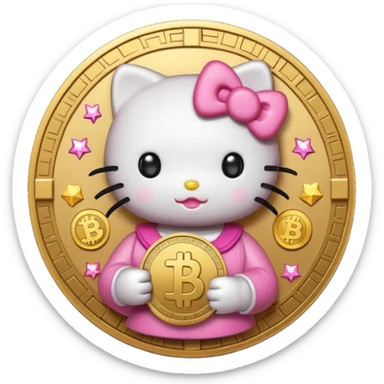 Hello Kitty holding a large coin with a crypto symbol, surrounded by digital sparkles, cute emoji style sticker