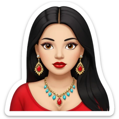 Mexican Light skin brown eyes glamorous full figured women black long straight hair red lips necklace and earrings long lashes sticker