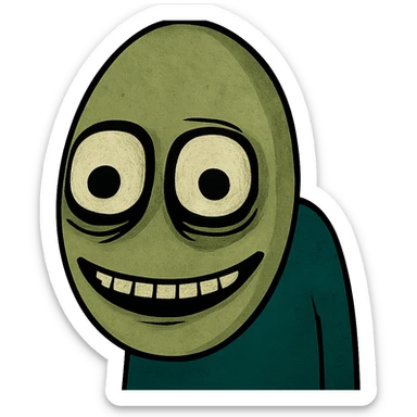 Salad Fingers character, close-up of face, eerie smile, greenish hue, cartoon style sticker