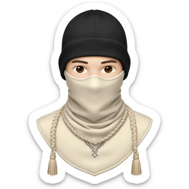 Ultra-detailed studio shot of a post-apocalyptic off-white balaclava — deconstructed, frayed, layered, with braided rope tassels and subtle embroidery. Minimalist white background, soft lighting, sharp focus. High-fashion streetwear aesthetic. The face of a person in a mask should not be visible sticker