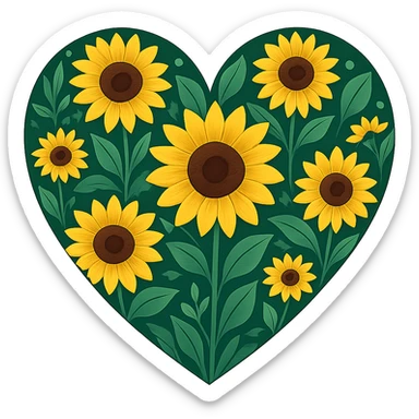 heart with a sunflower field theme, clean digital illustration sticker
