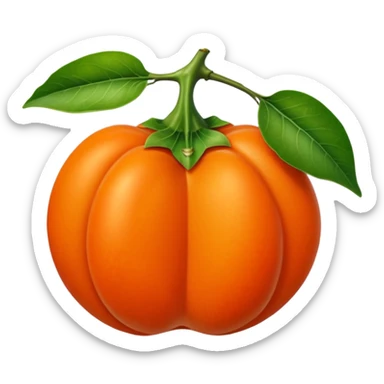 whole persimmon fruit with smooth glossy orange skin, flattened round shape, green leafy calyx on top with soft folds and natural texture, slightly dimpled surface suggesting ripeness and firmness, no leaf cut or extras, soft lighting, subtle shadows, emoji scale sticker