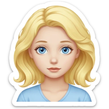 a girl with blue eyes, pastel yellow wavy hair, clean girl makeup sticker