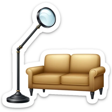 magnifying glass hovering over a couch and floor lamp, detective investigation sticker