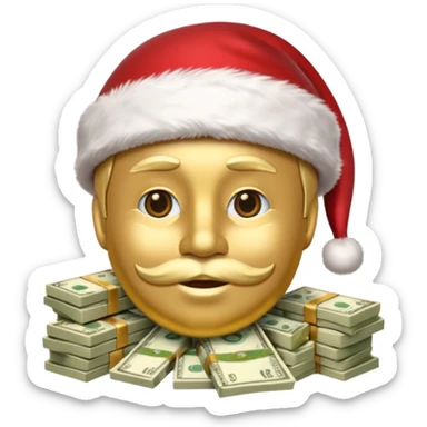 A confident rich emoji face wearing a Santa hat, money stacks, casino vibe, New Year theme, premium 3D emoji style, sharp details, no text, isolated on transparent background sticker