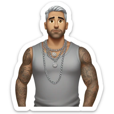 Full body image  of a Man with tattoos, brown hair and grey highlights, thick silver Cuban necklace that has big wide eyes looking to the side curiously sticker