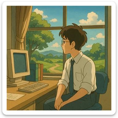 ghibli style office worker gazing out window at sunny outdoors, longing for weekend sticker