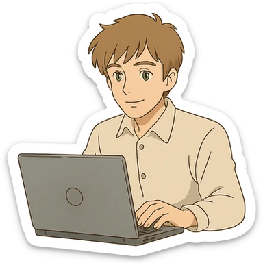 ghibli style man with light brown hair and green eyes sitting in front of a laptop sticker