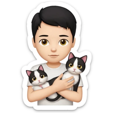 generate a pretty bratz emoji of a boy with black hair wearing a white tshirt and holding a cat in his right hand sticker