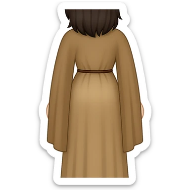 Fullbody backview of Mary Magdalene with dark hair, wearing a light tan dress and a dark tan cape as in the reference image, sandals, in classic emoji style with transparent background. sticker