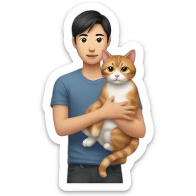 Young Asian man holding a cat in his arms sticker
