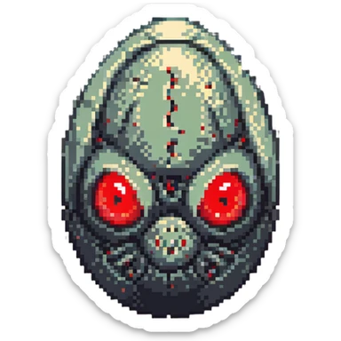 a strange transparent alien egg with a visible creature inside, embryonic, fetal shape creature, 3 glowing red eyes, illuminated from above sticker