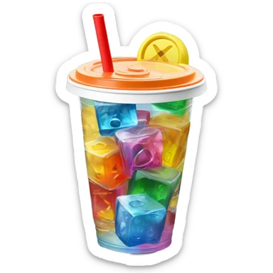 Realistic plastic cup and lid with colored soda and large ice cubes inside and colorful straw poked through the top of the lid. sticker
