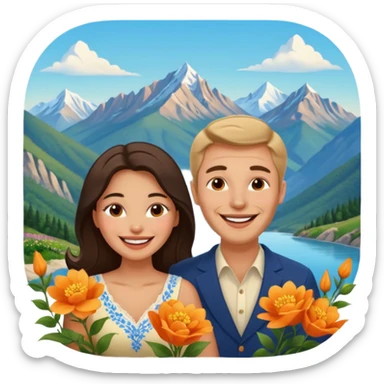 Couple  laughing traveling russian man and elegant  Latina girl delicate flowers and mountains in the background  sticker