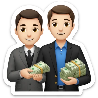 un chef d'entreprise en train de compter sa montagne de billet derrière lui une file de client qui entre dans son magasin pendant qu'à cote un autre chef d'entreprise poche vide pas de client  sticker