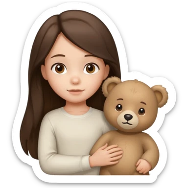 Brunette little girl, long hair, white long sleeve, with beige bear sticker