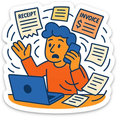 person holding a phone in one hand, laptop open in front, storm of receipts, invoices, and reminders swirling around, multitasking chaos sticker